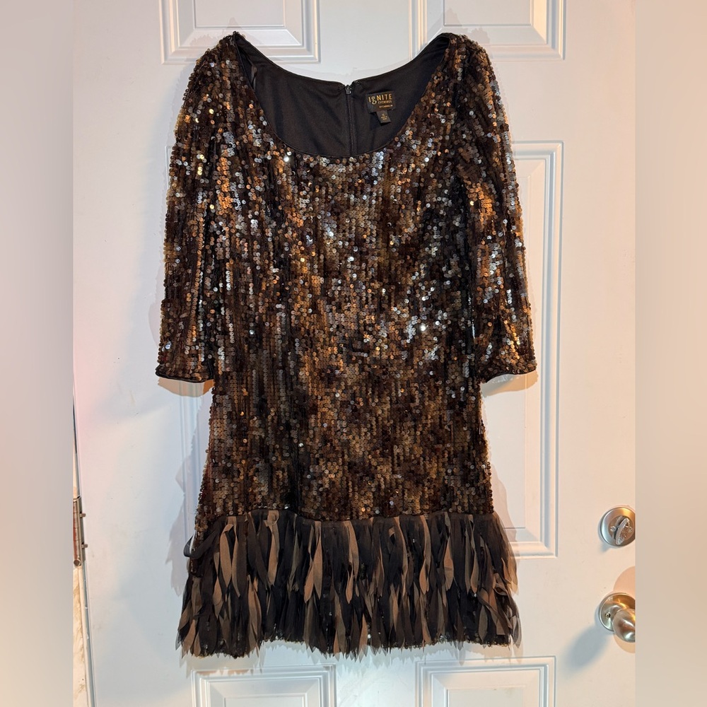 Ignite Sequin Dress Feather Fringe Brown Black Flapper Event Size 12 Party Fun